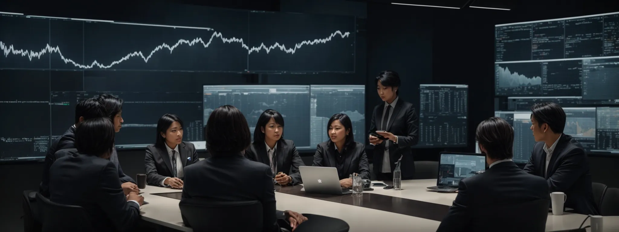 a diverse group of professionals gathers around a meeting table with digital devices, interacting over a complex data visualization display.