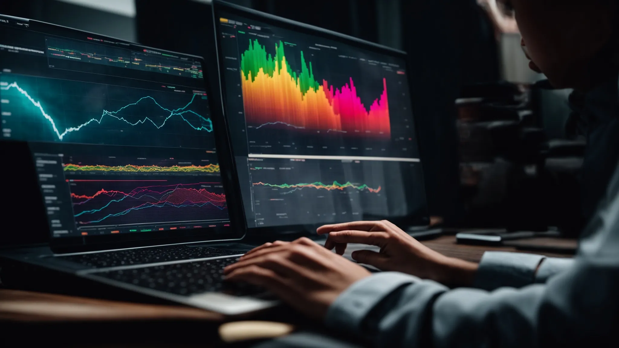 a person analyzing colorful graphs and charts on a computer screen, reflecting advanced data visualization for seo performance.