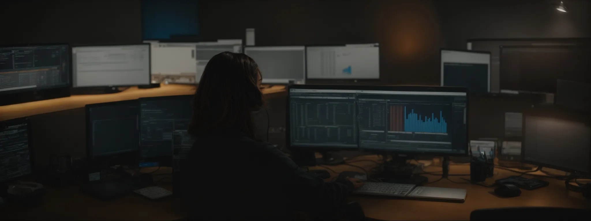 a virtual assistant working at a computer, optimizing a website's seo through a digital marketing dashboard.