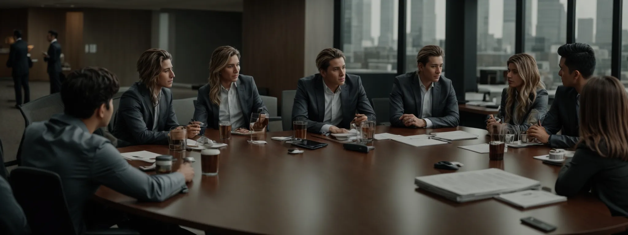 a marketing team gathers around a conference table, discussing strategies with a mixture of in-house and agency professionals.