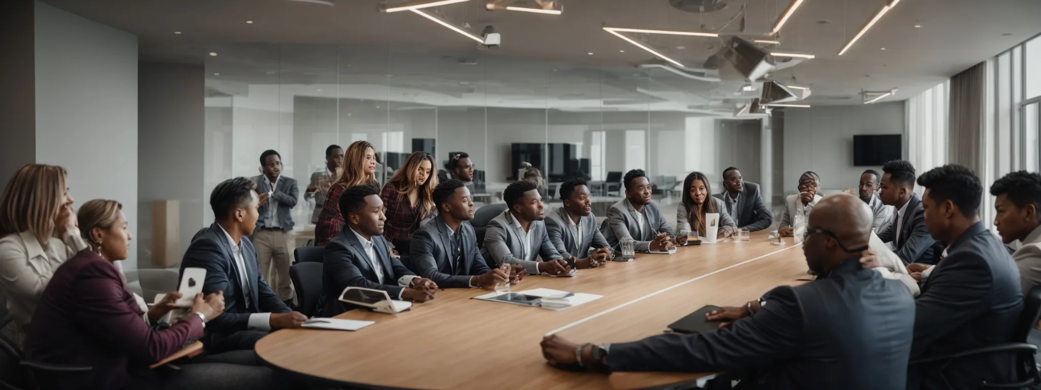 a dynamic team engages in a collaborative brainstorming session around a modern conference table, illustrating a vibrant and strategic planning environment.