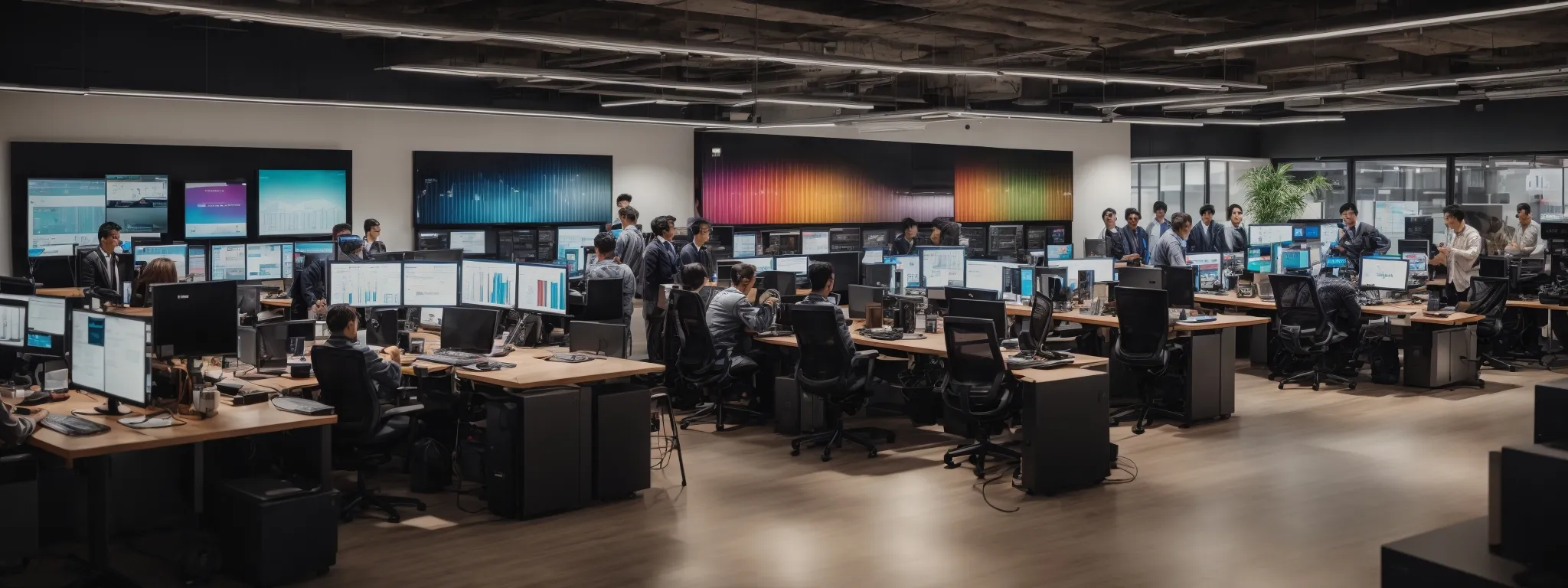 a bustling digital marketing agency with computers displaying colorful analytics dashboards and creative teams brainstorming strategies.