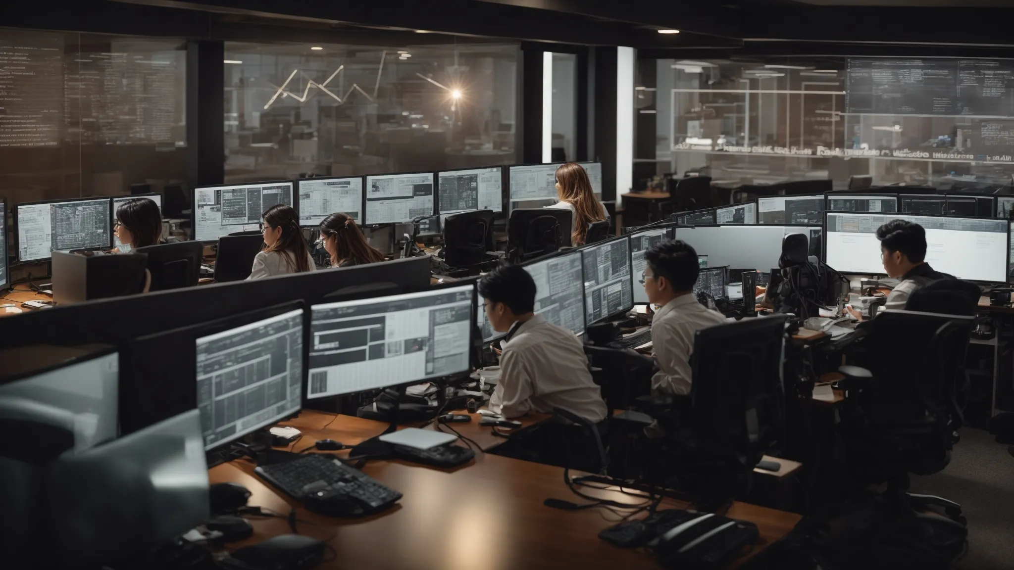 a bustling office filled with creative professionals working intently at their computers with marketing strategy diagrams on their screens.