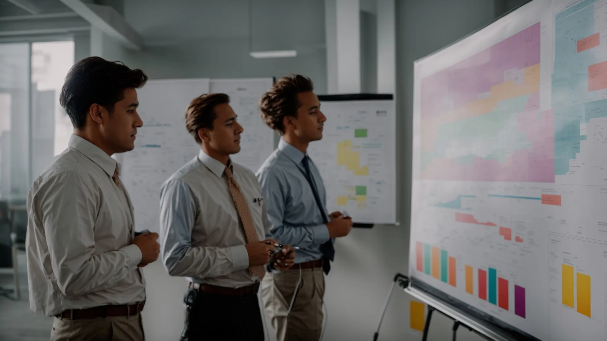 a group of people engaging in animated discussion in front of a whiteboard filled with colorful diagrams and charts.
