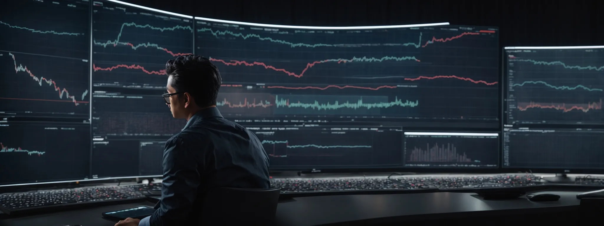 a digital marketer analyzing graphs on a large monitor displaying website analytics and call tracking data.