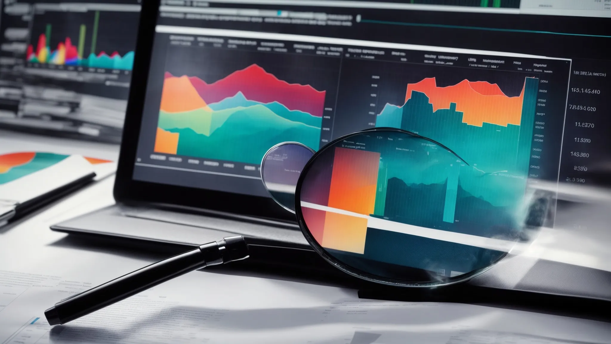 a computer screen displaying colorful data analytics graphs and charts with a magnifying glass resting on a printed report nearby.