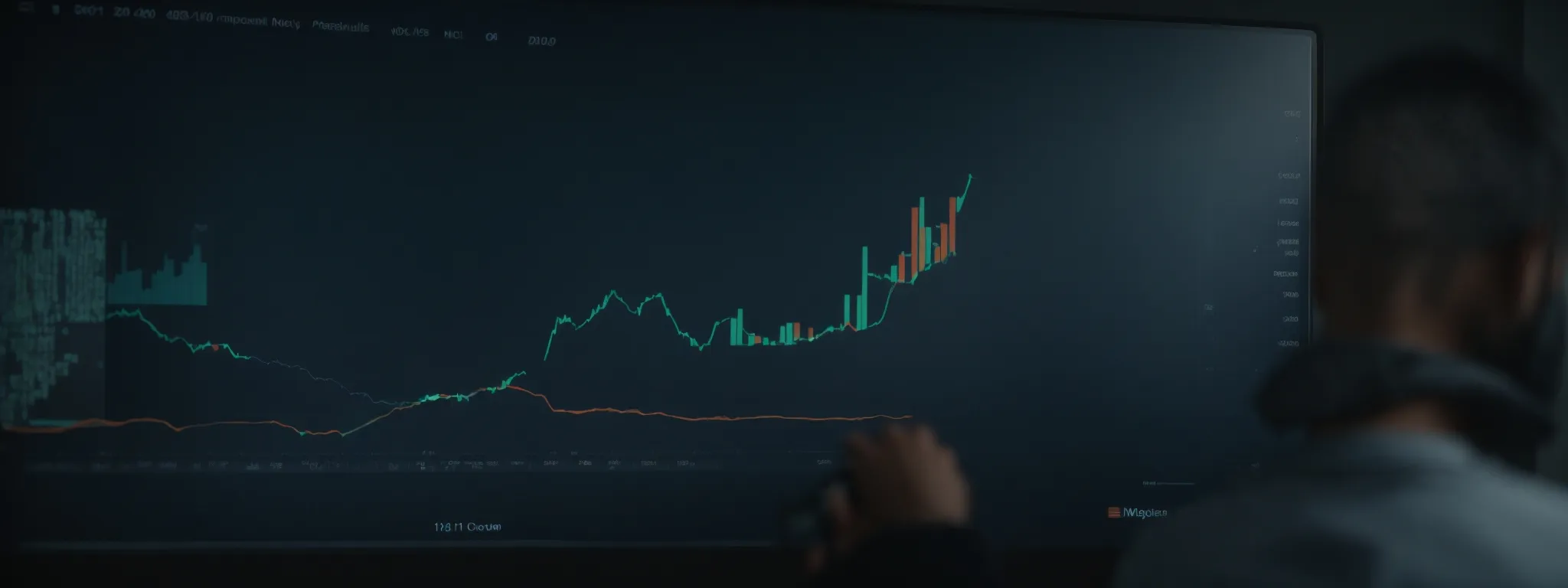 a marketing executive presents a growth chart on a screen, highlighting the surge in traffic due to paid promotions.