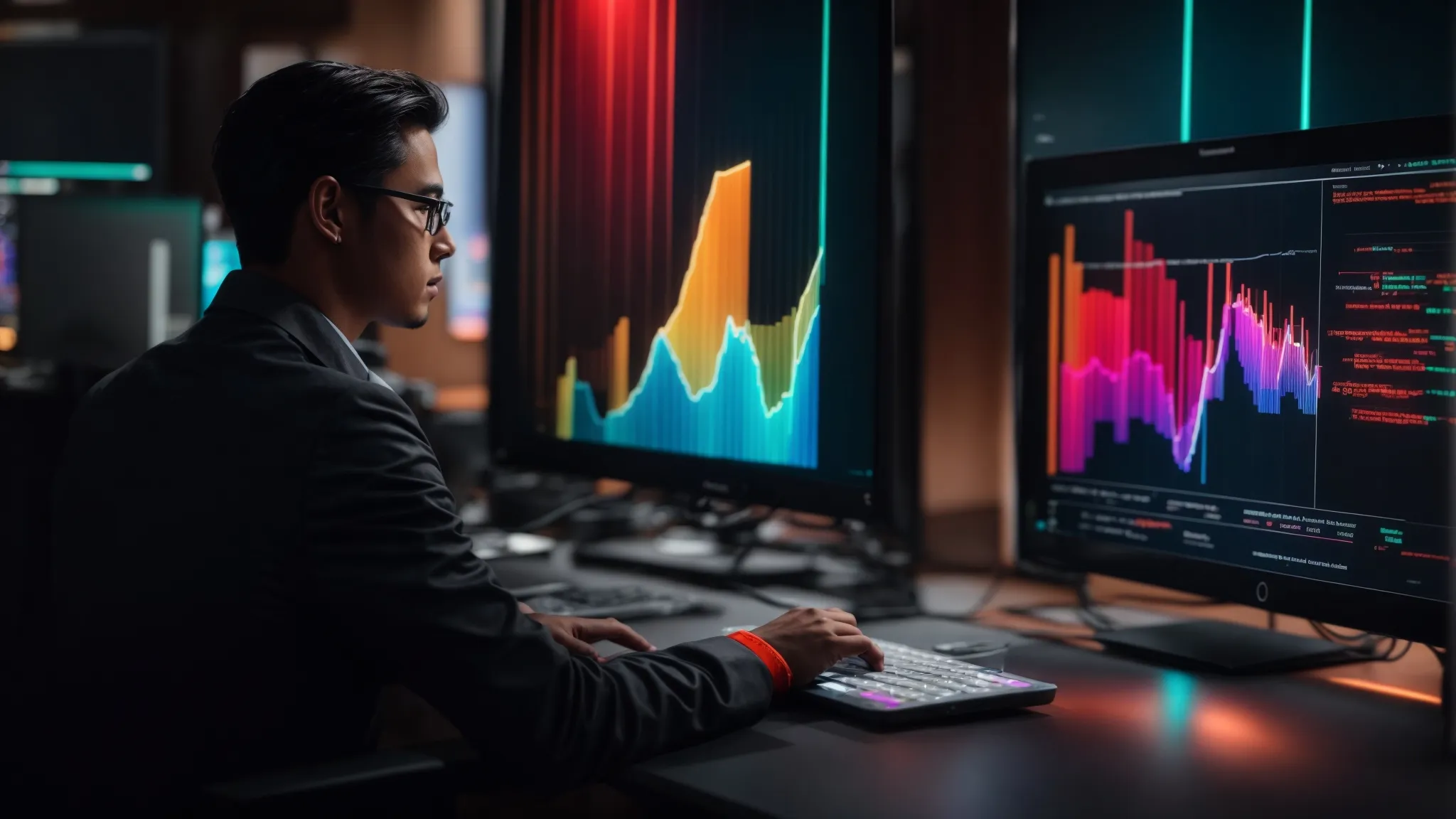 a person gazes at a computer screen displaying colorful analytics graphs indicating website performance increases.