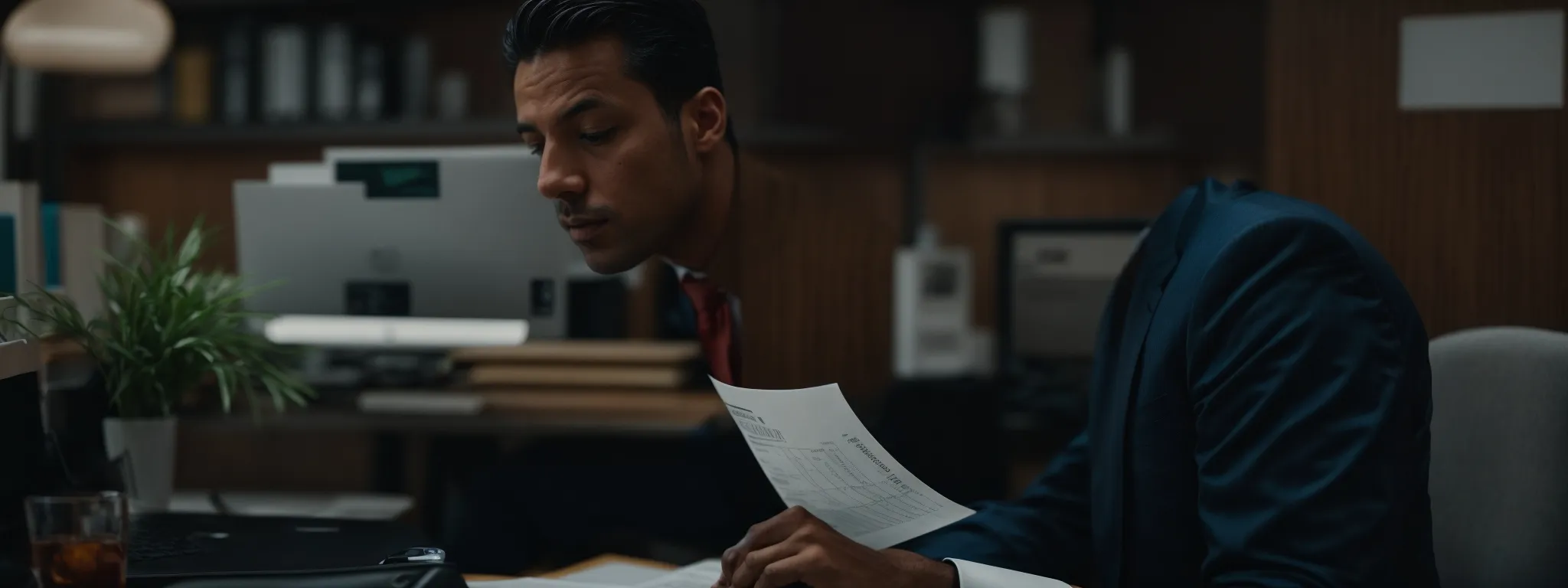 a businessman looking at an invoice with unexpected charges while sitting at a computer in an office.
