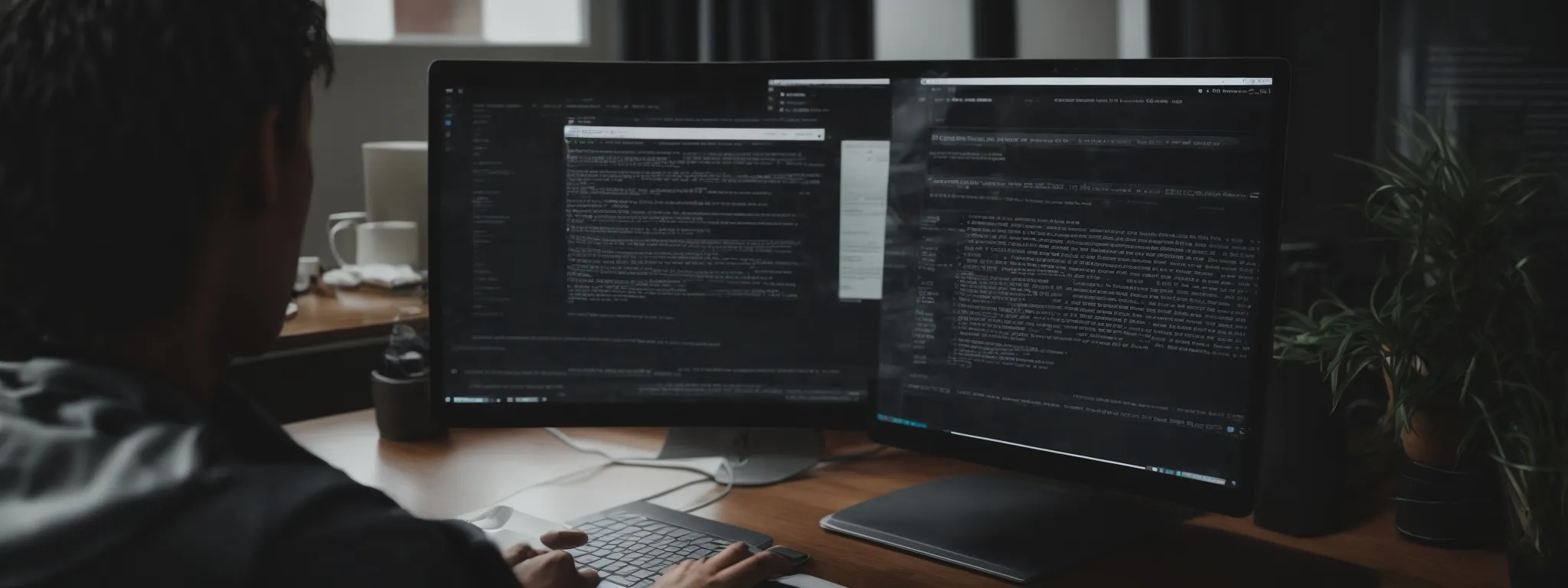 a person sitting at a computer, analyzing a website's seo elements, with a focus on the meta description section.