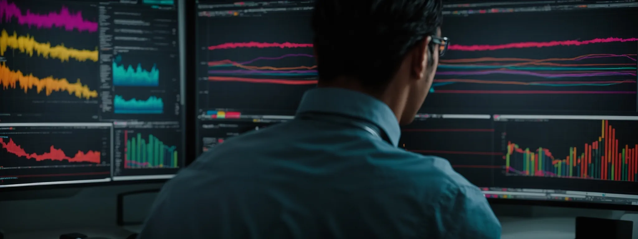 a person is intently observing colorful seo analytics graphs on a computer screen.
