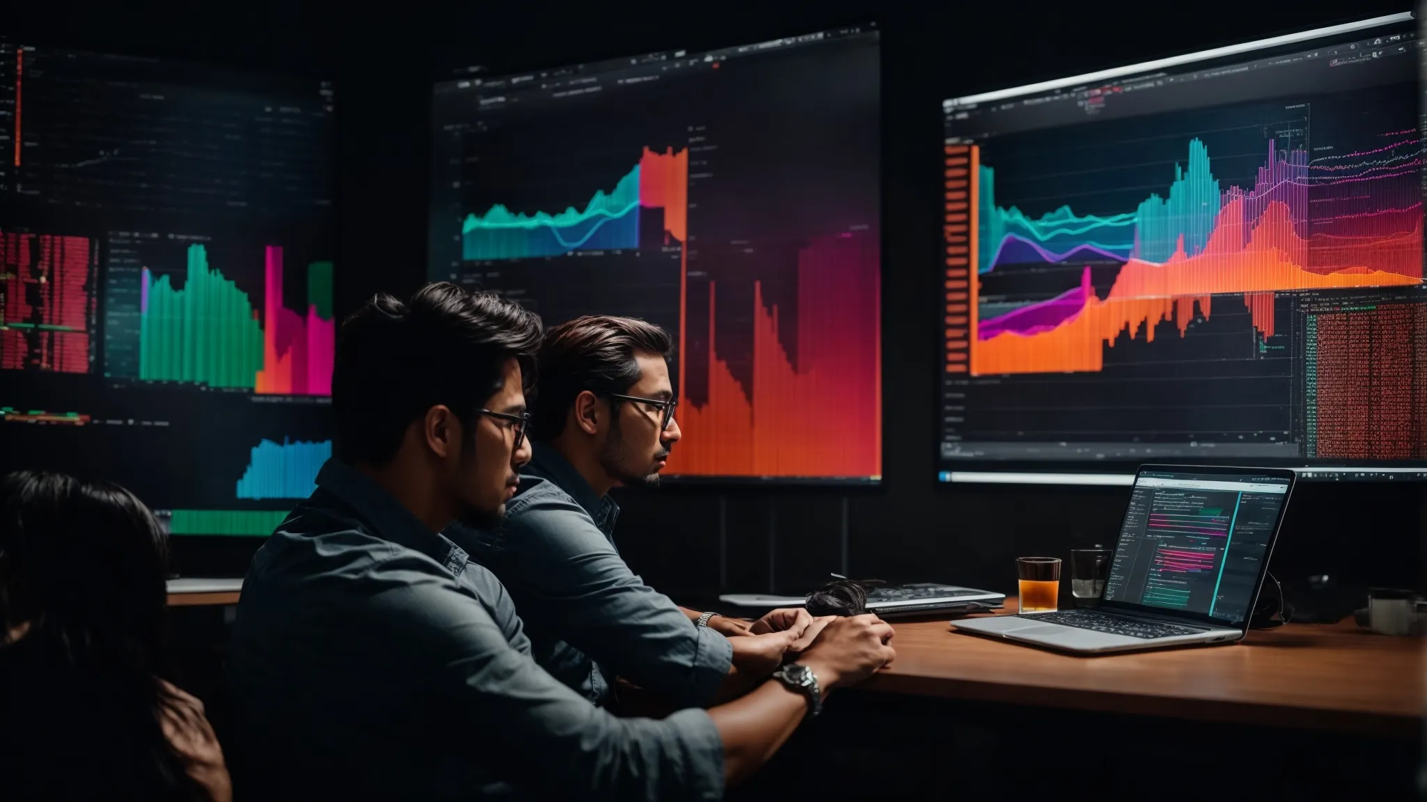 two professionals discuss strategies over a laptop displaying colorful analytics graphs.