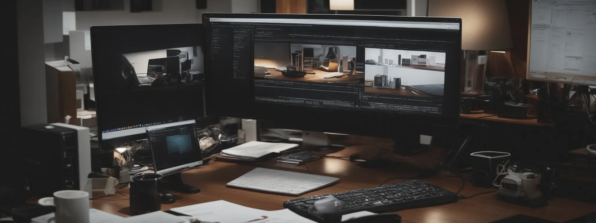 a web designer sits at a clutter-free desk with dual monitors displaying a website design interface and seo analysis tools.