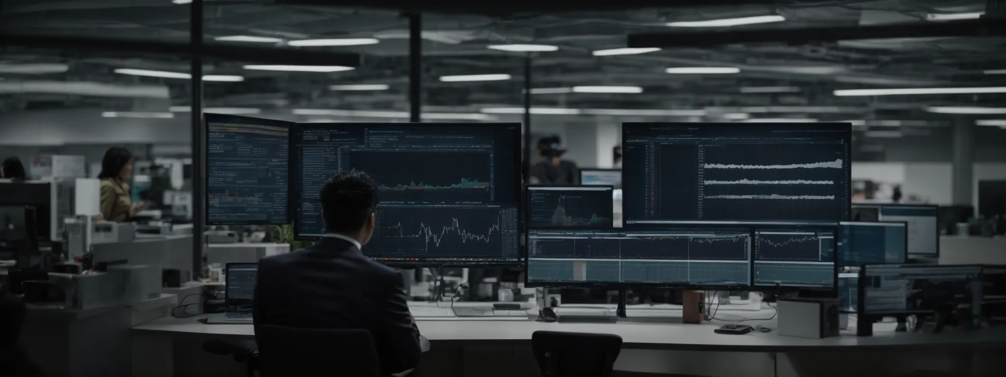 a marketing professional examining complex analytics on a large monitor to enhance an seo campaign strategy.