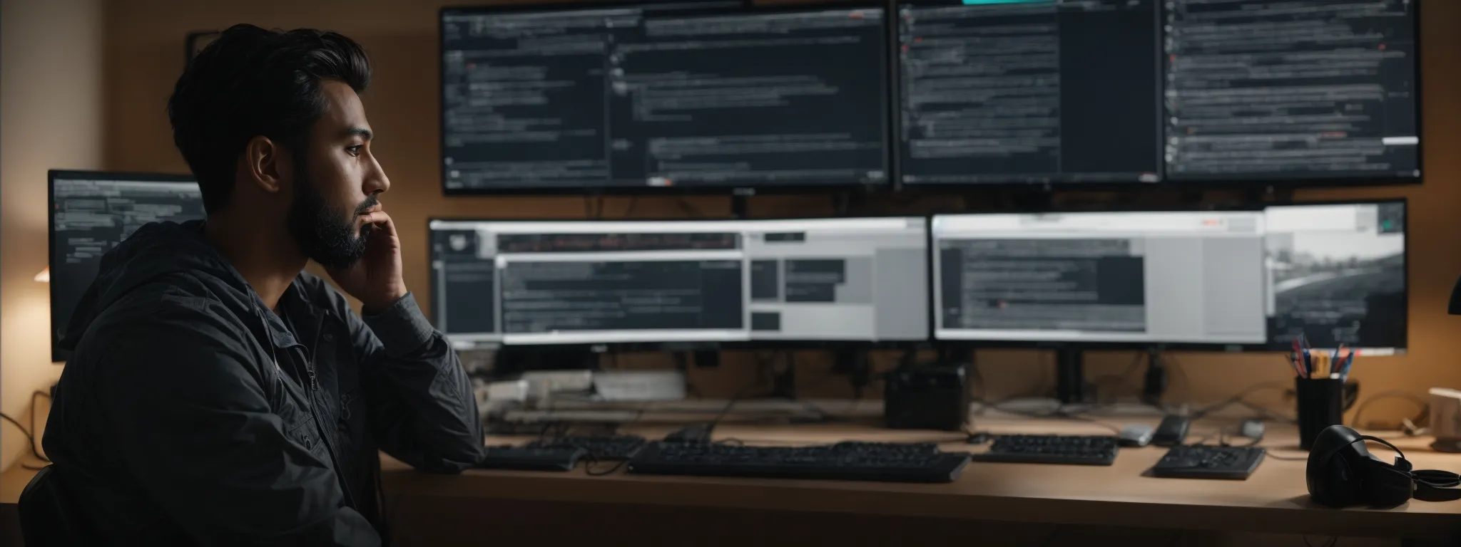 a web developer sits before dual monitors, displaying a website's structure with clearly labeled subdomains and subdirectories.