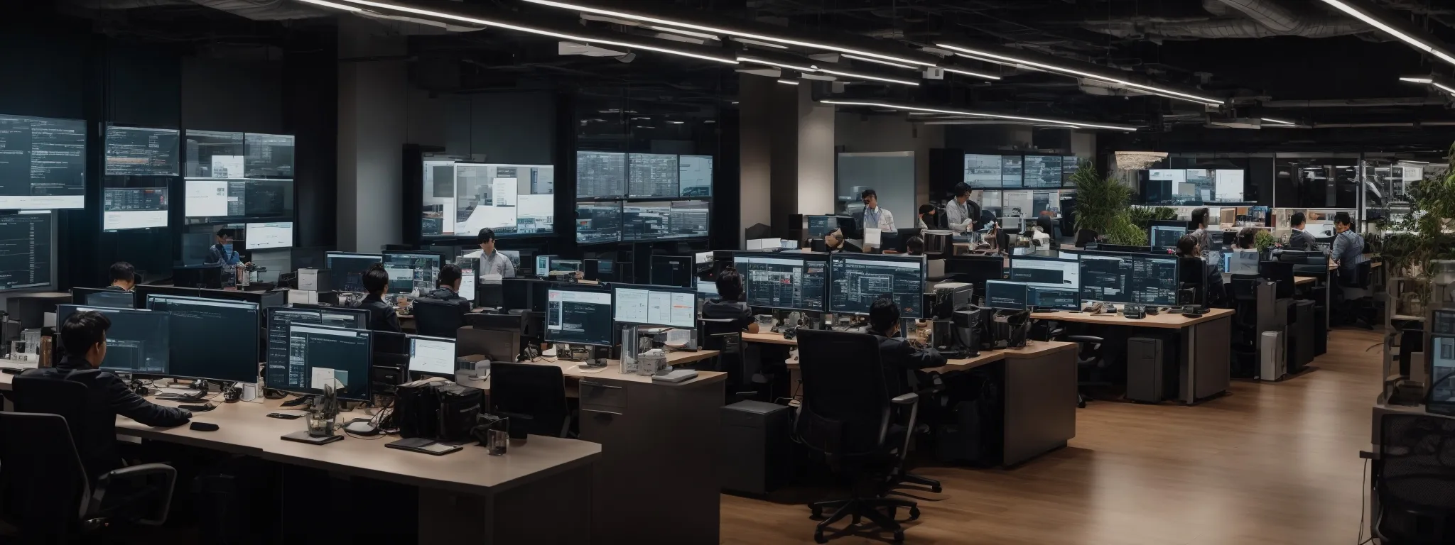 a bustling digital marketing office with screens displaying rising analytics and social media activity.