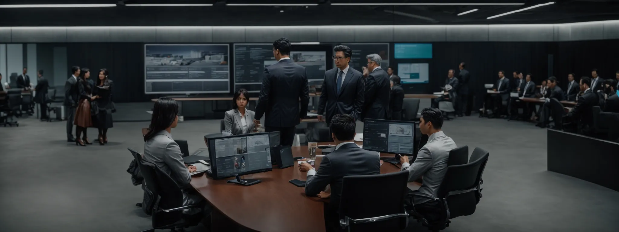 executives discuss strategies around a conference table with a visible erp interface on a large screen.