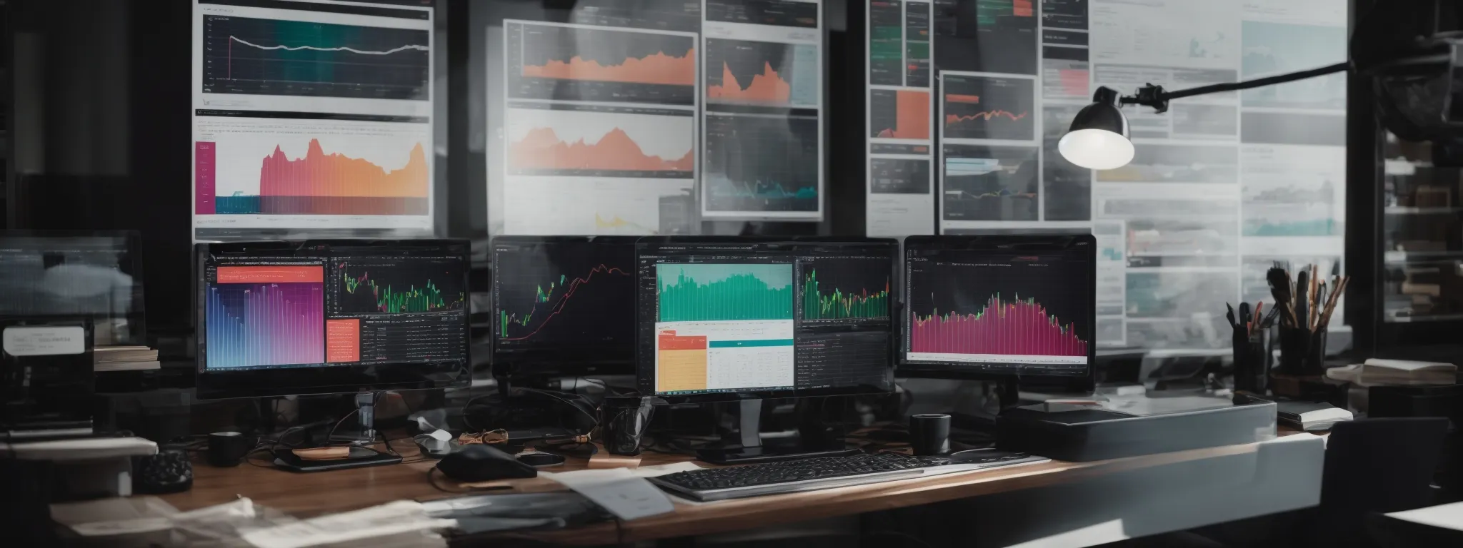 a neatly-organized, sleek workspace featuring a high-resolution computer screen displaying colorful charts and a well-structured digital marketing project.