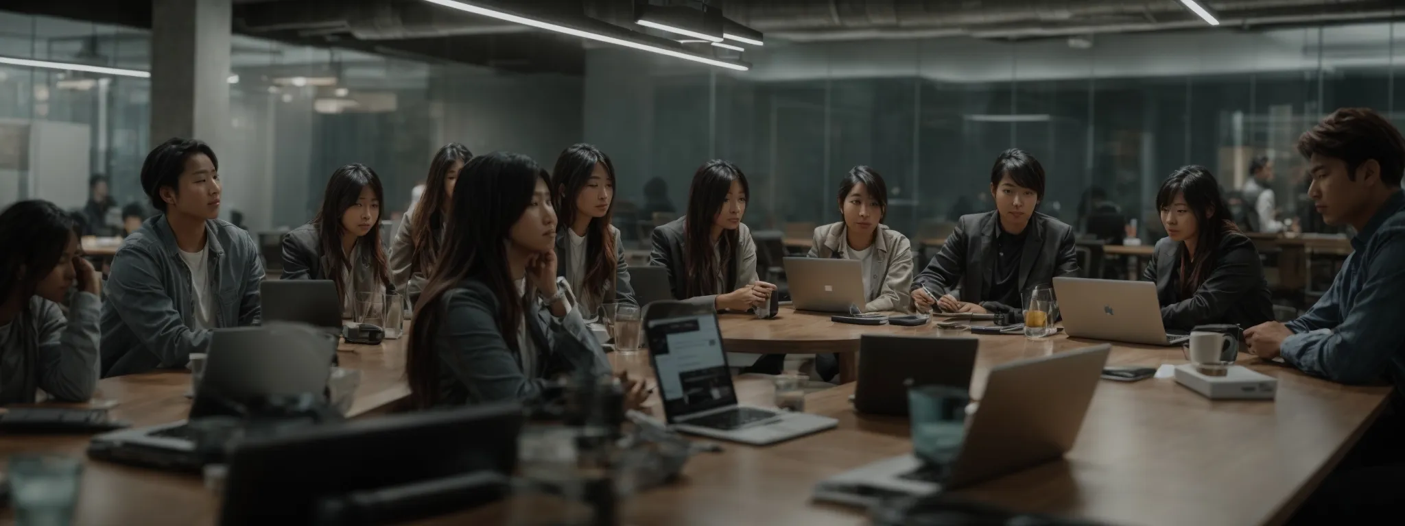 a group of individuals sit around a large table with laptops, intently discussing strategies in a well-lit co-working space.