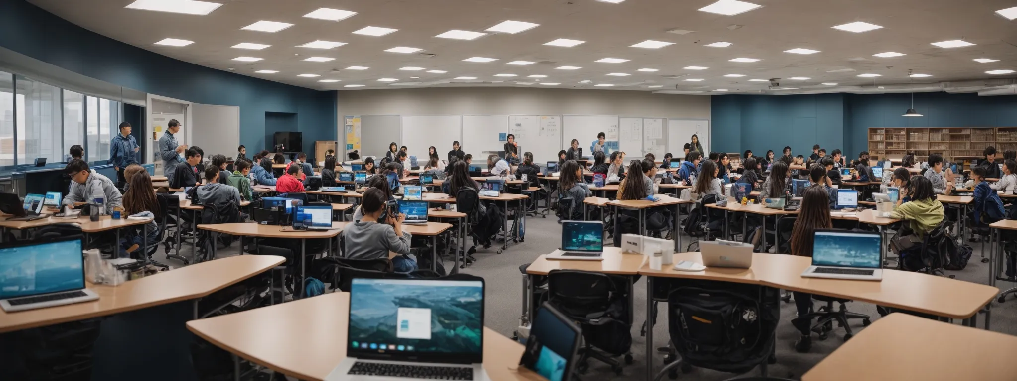 a panoramic view of a modern classroom in iowa, with students engaged in learning digital marketing on laptops.