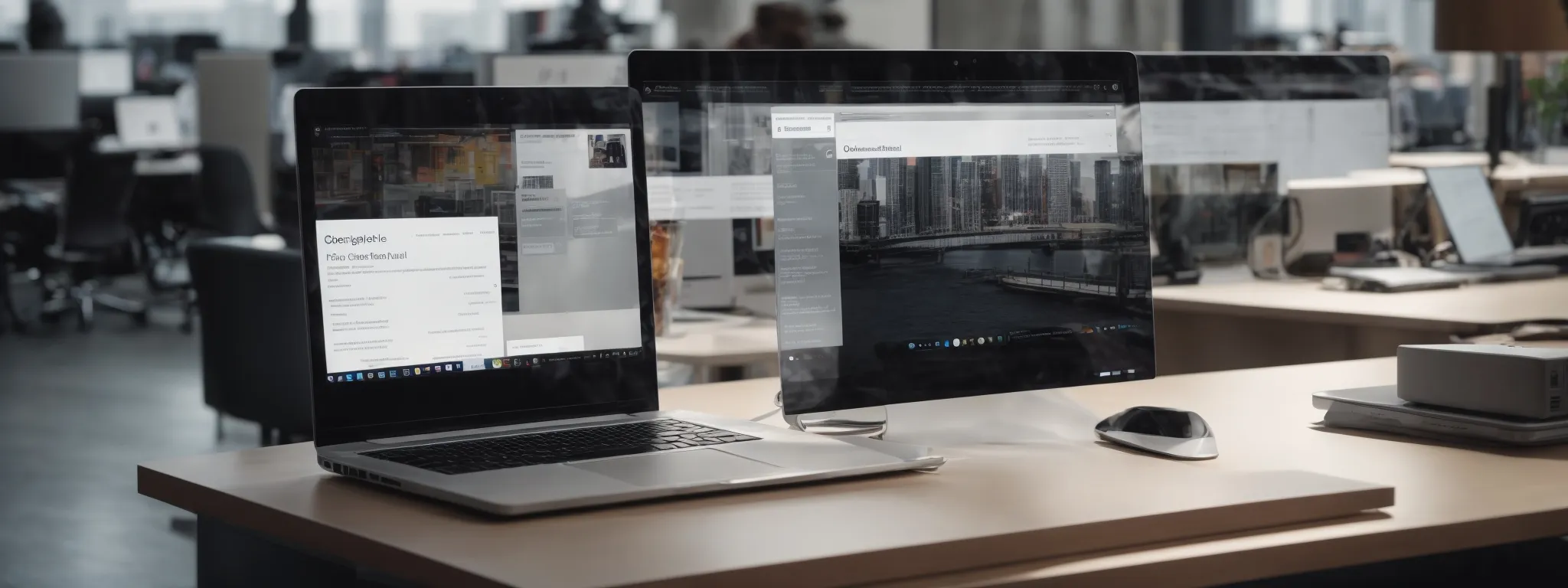 an open laptop with a search engine page displayed against the backdrop of a bustling modern office.