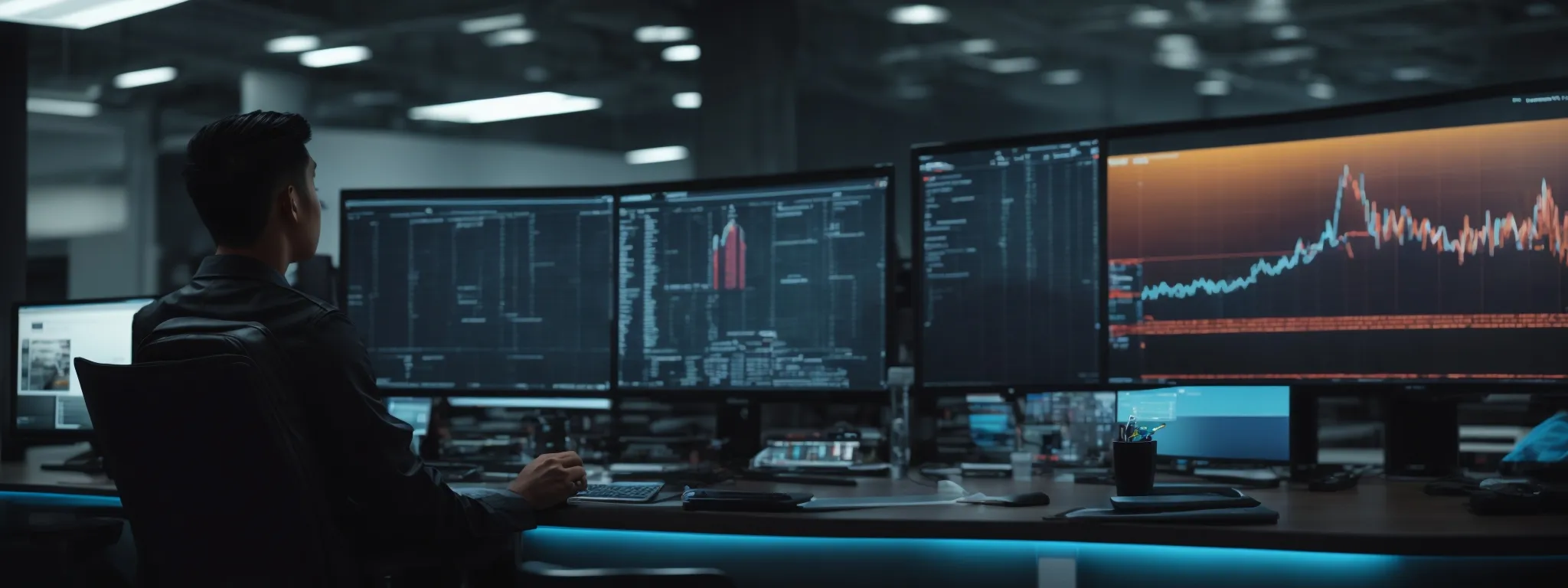 a focused individual sits before a sleek, modern computer in a bright, high-tech workspace, eyes intent on a screen that displays an array of digital marketing dashboards.