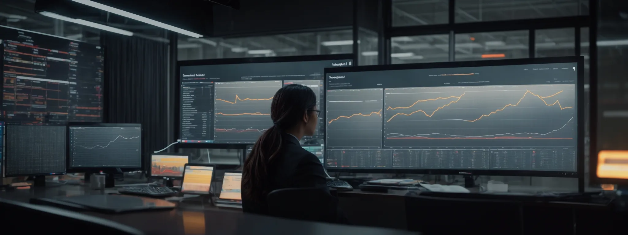 a marketer intently studies complex graphs and metrics on a large, glowing dashboard screen in a modern office.