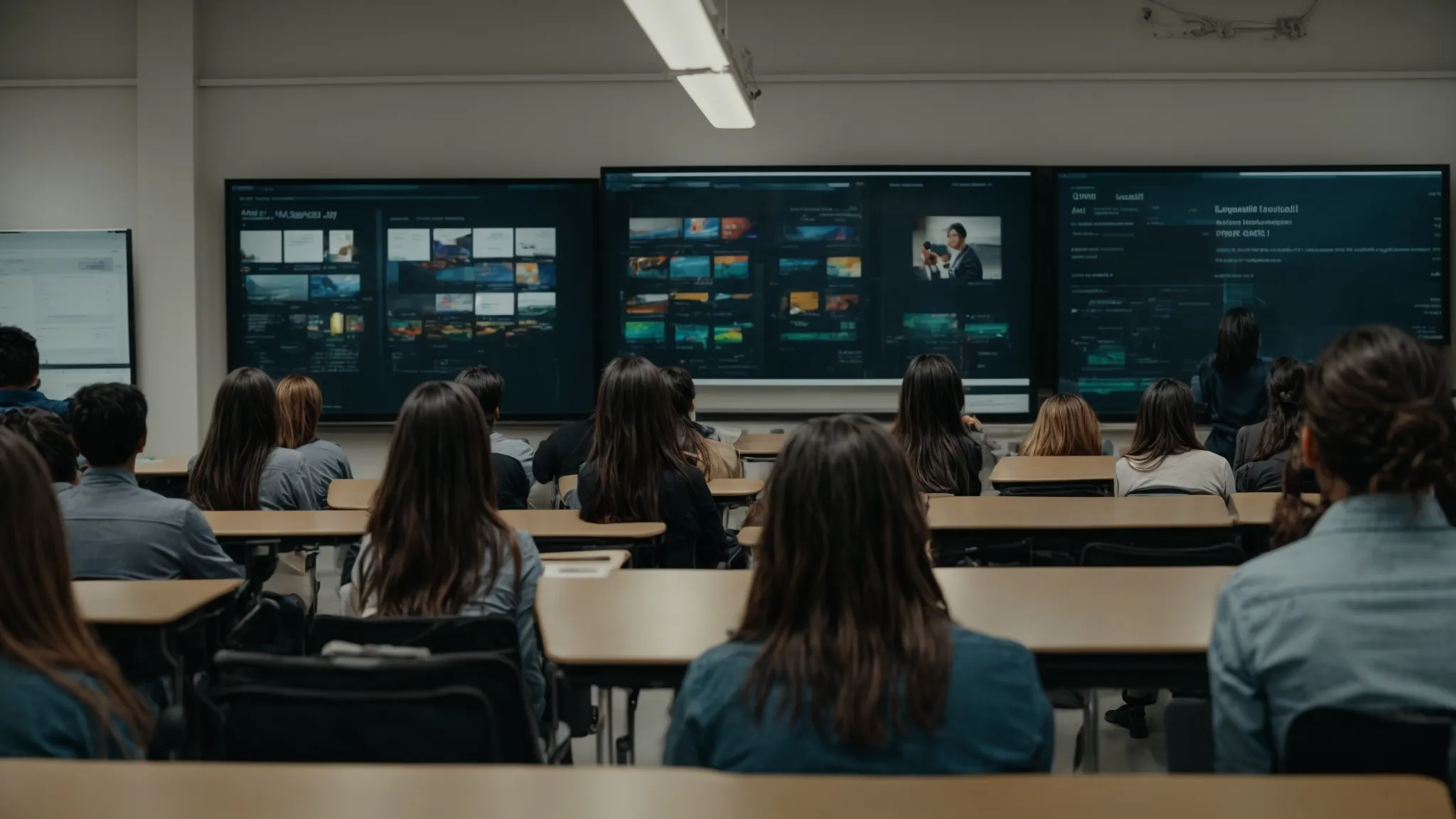 a classroom with rows of students looking at monitors while an instructor points to a large screen displaying website analytics.