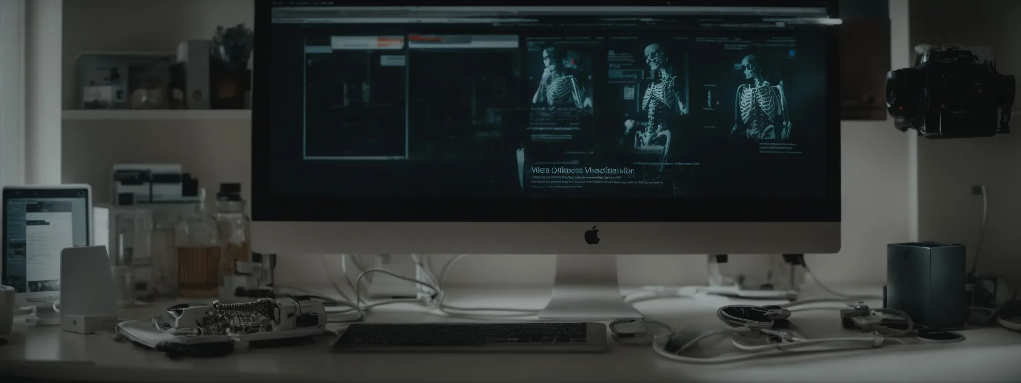 a desktop with an orthopedic website on the screen surrounded by medical equipment and a model of a human skeleton.