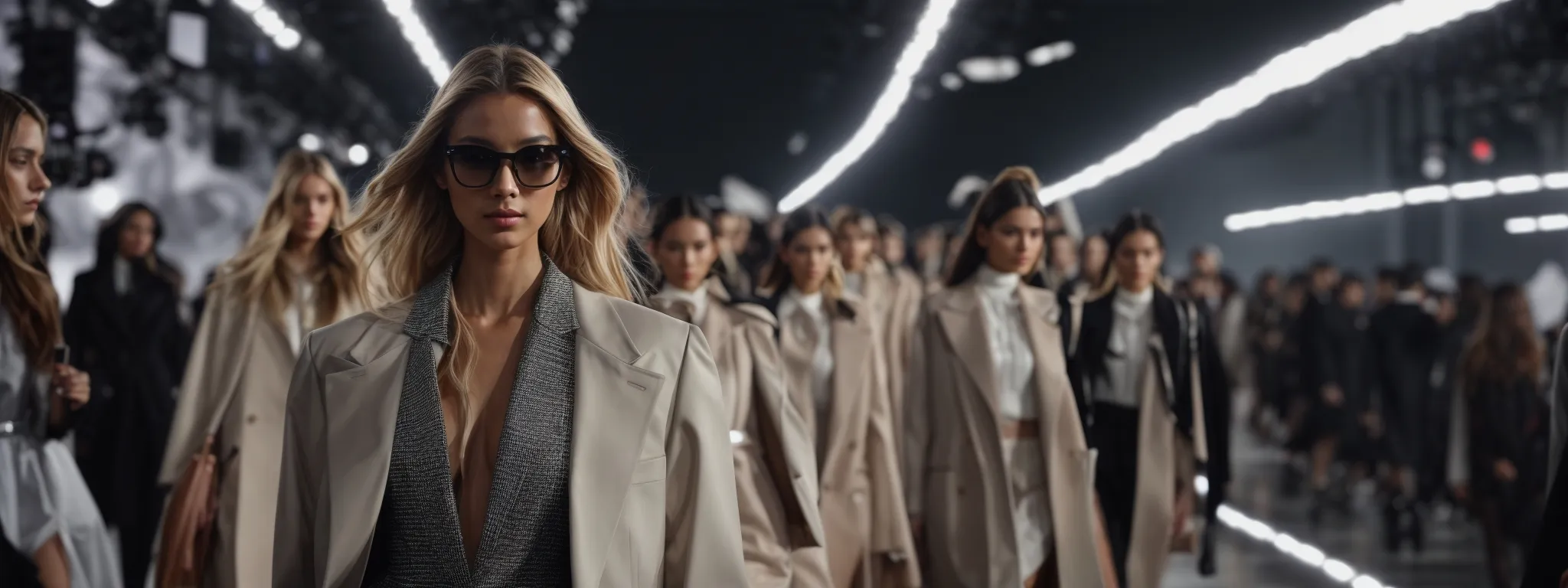 a bustling fashion week runway show with models striding in modern attire, against the backdrop of oversized digital screens displaying search queries.