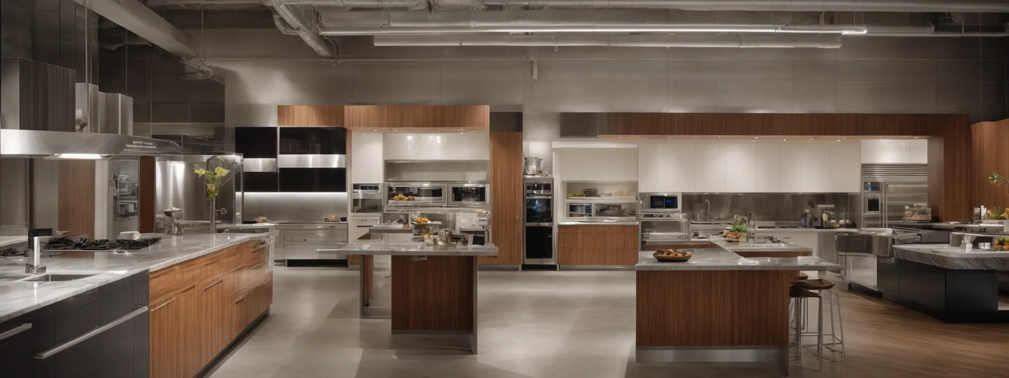 a bustling kitchen showroom with a variety of countertops on display.