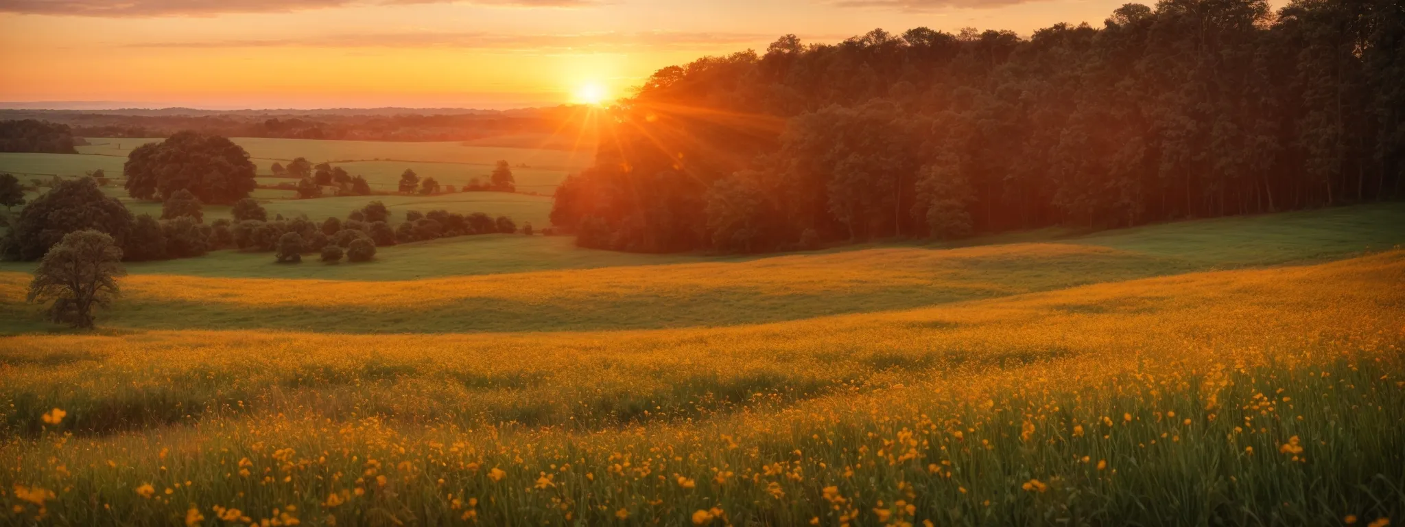 a vivid sunrise over a rolling meadow, its colors deepening the beauty of the landscape.