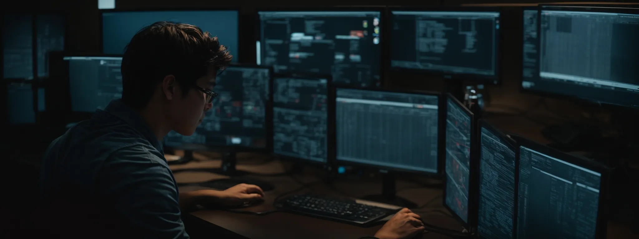 a person sitting before dual computer monitors, immersed in analyzing content on a website.