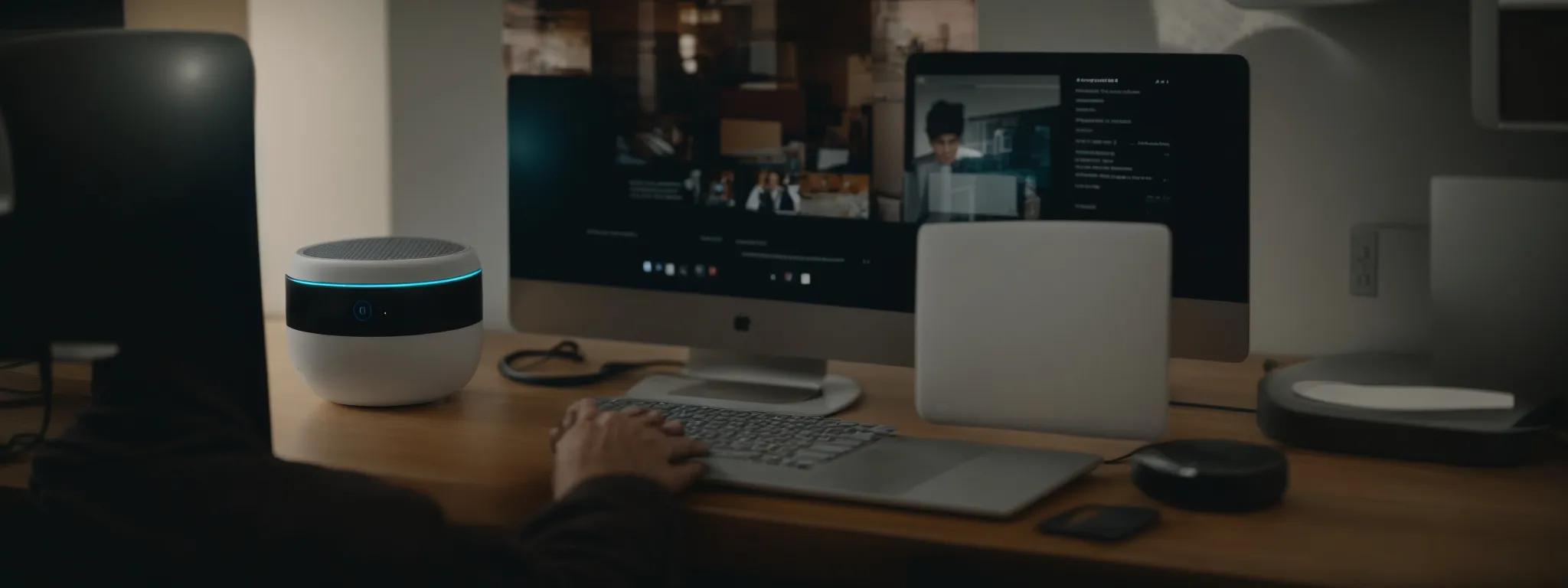 a person speaking into a smart speaker while browsing search results on a computer screen.