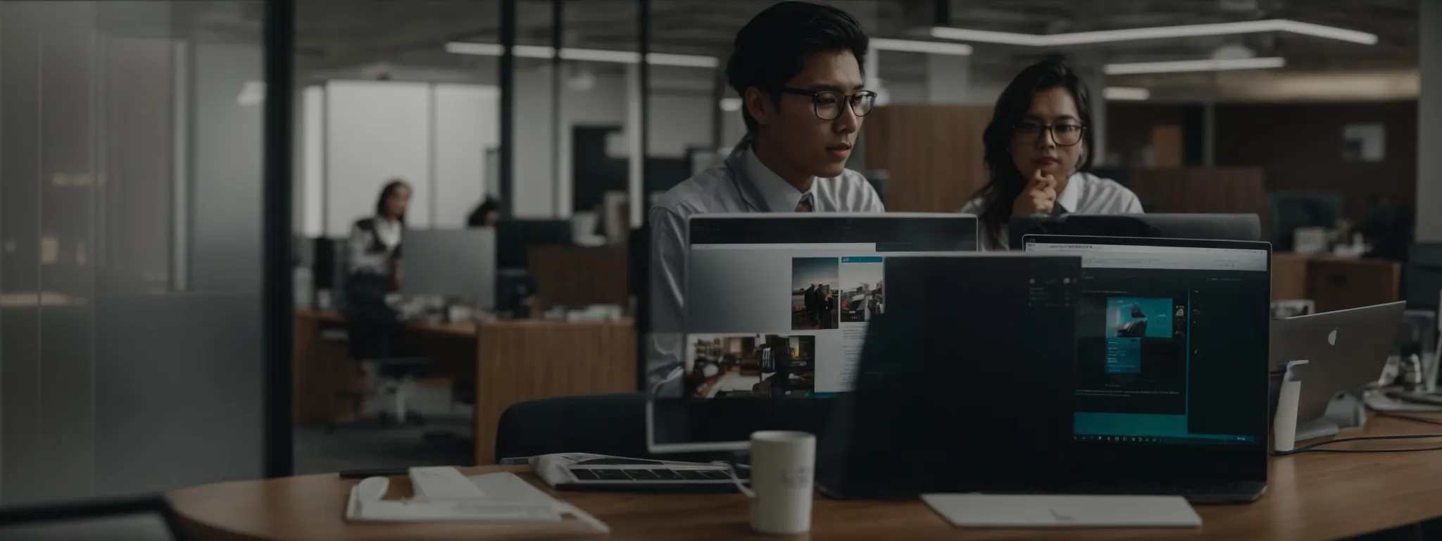 a marketer posts targeted content on a social media platform from a laptop in a modern office.