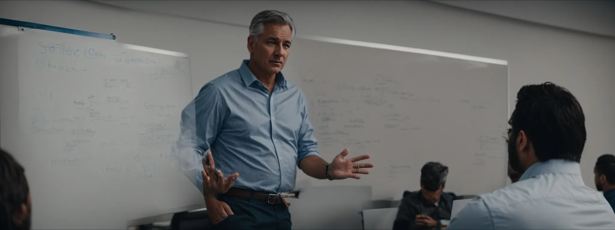 bob rains stands before a whiteboard, outlining a strategy to combat negative seo to a group of attentive professionals.