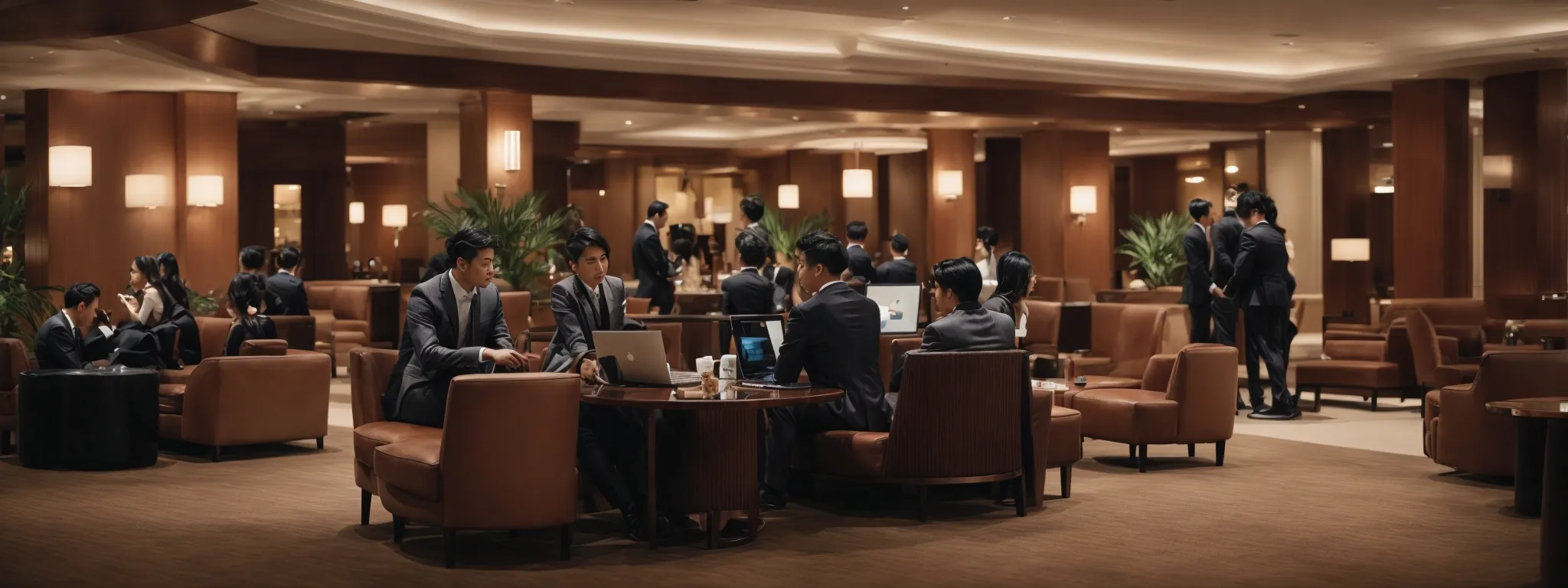 a bustling hotel lobby with guests using laptops, symbolizing a focus on strengthening online marketing strategies.