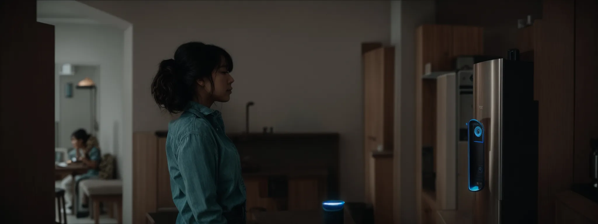 a person speaking to an amazon alexa device in a home setting, making a 'near me' voice query.