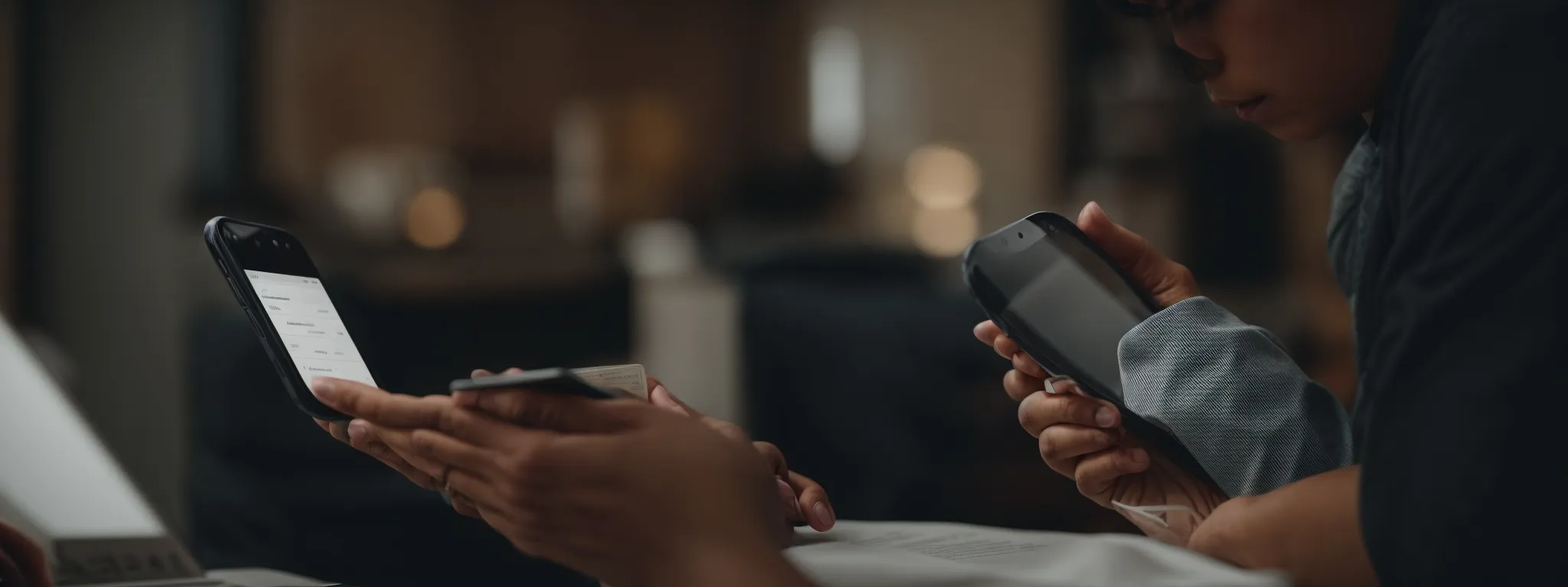 a website designer intently views a smartphone screen, testing the responsiveness of a new website layout.