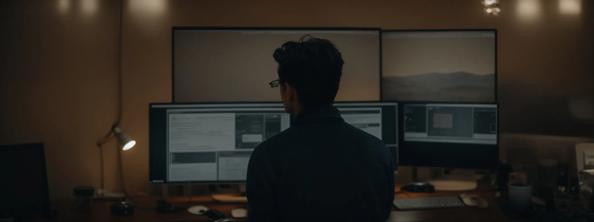 a web designer thoughtfully examines a computer screen displaying a clean, organized website layout.
