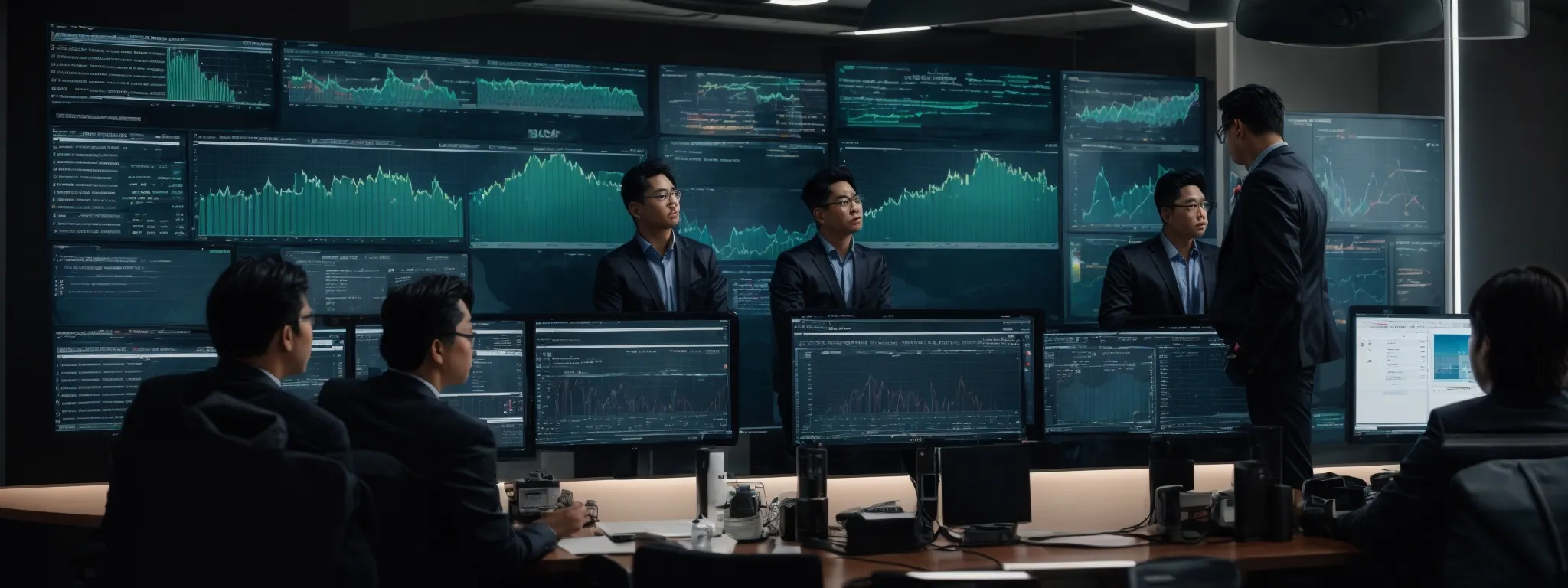 a group of strategists scrutinizing data on a large monitor displaying graphs and website analytics.