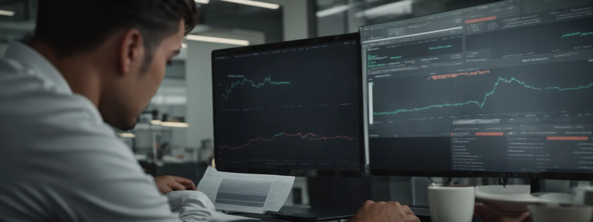 a focused marketer reviews a comparison chart of seo service offerings on a computer screen.