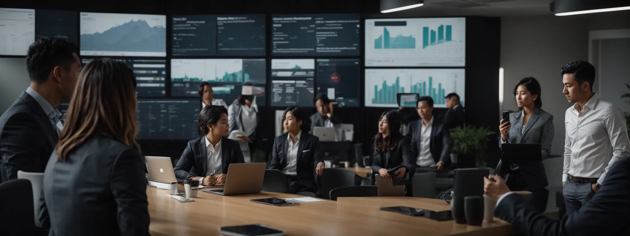 a marketer showcases a digital presentation of analytics on a social media dashboard to a group of industry professionals in a modern office setting.