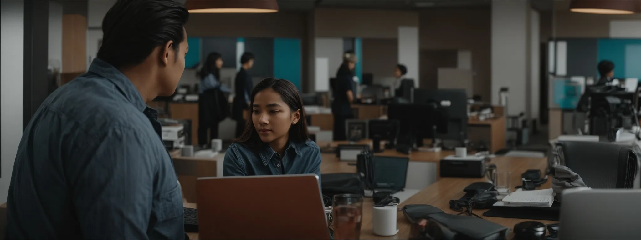 a mentor and mentee discussing over a computer in a bright modern office.