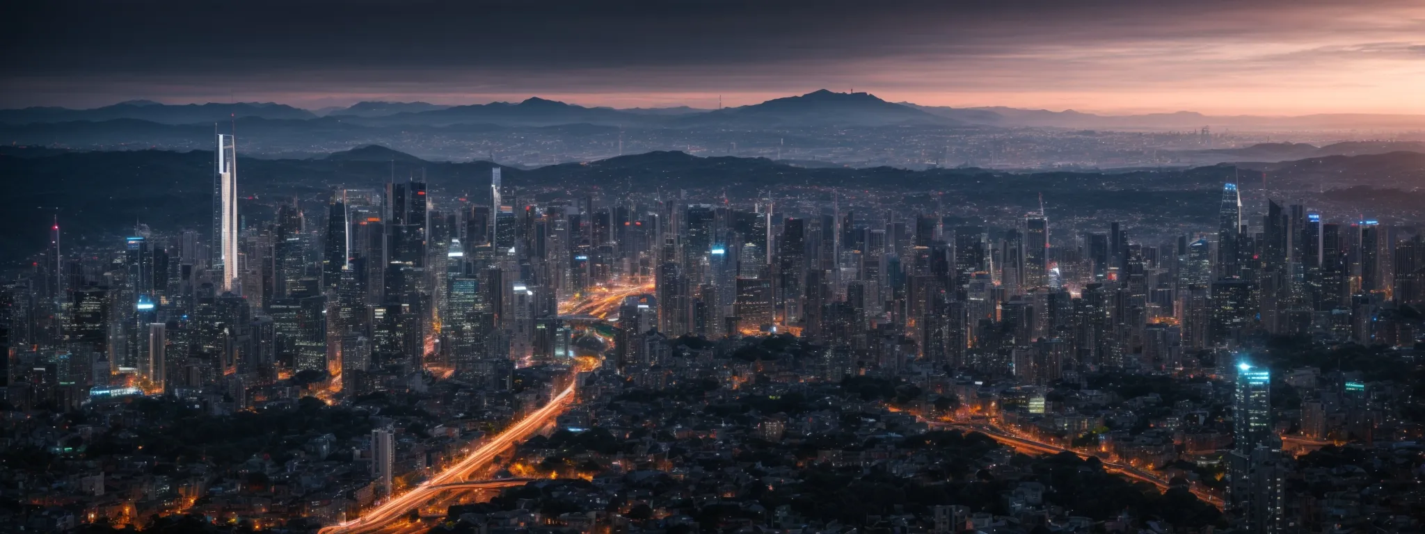 a panoramic view of a futuristic cityscape at twilight, with glowing lights and streamlined buildings, symbolizing the cutting-edge of technological advancement.