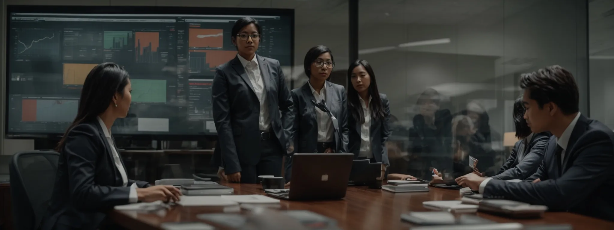 a marketing team gathers around a conference table, strategizing over a digital dashboard that reflects online review metrics.