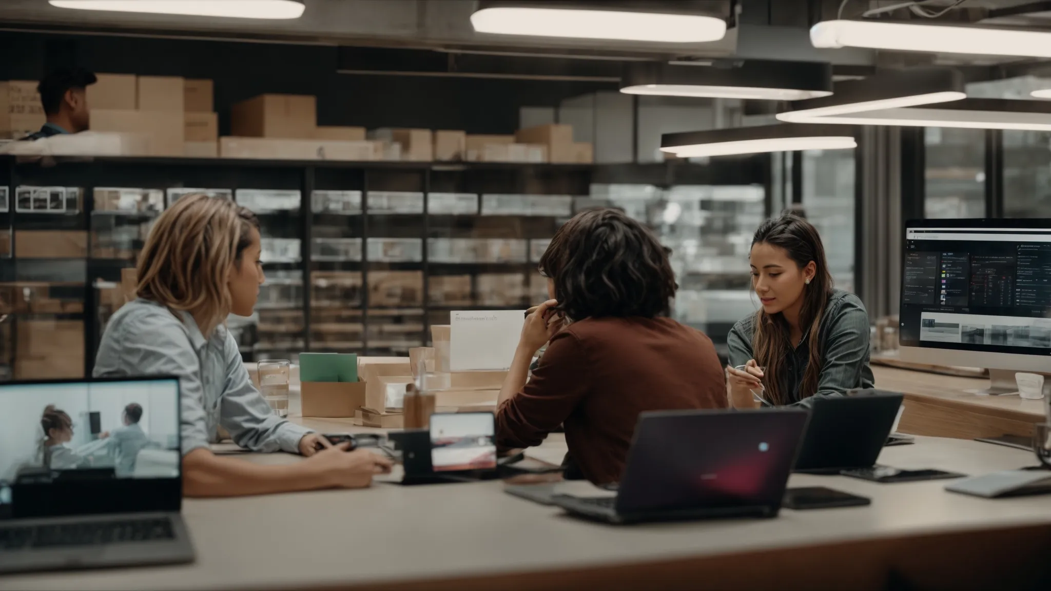 two people discussing over a laptop with a visible shopify interface on the screen.