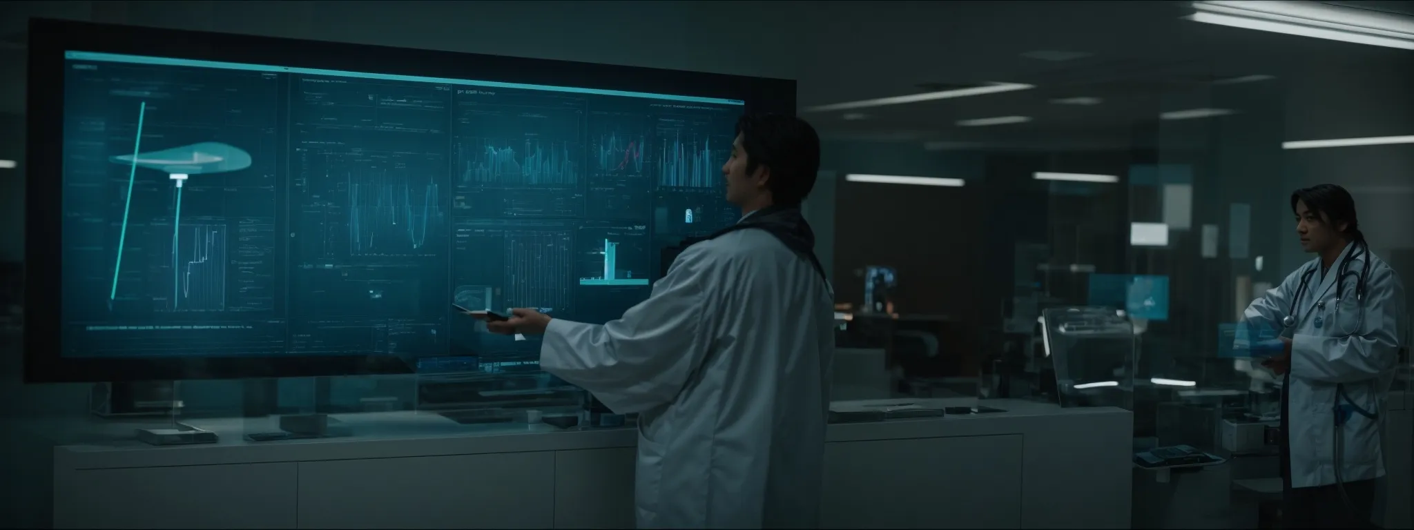 a medical professional stands before a large touchscreen, interacting with an advanced digital interface showcasing various medical devices.
