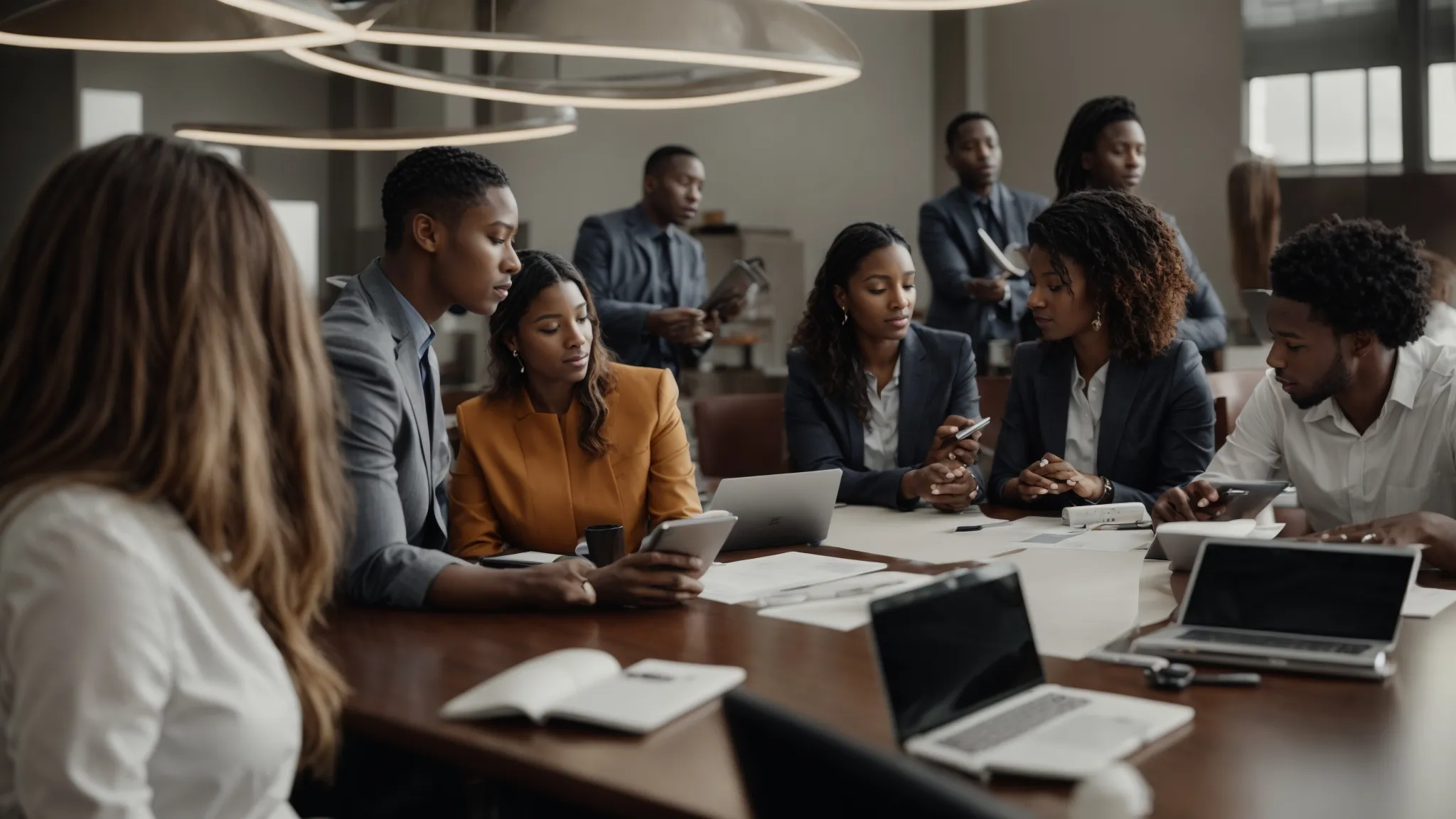 a group of professionals is engaged in a focused meeting around a conference table with digital devices poised for note-taking.