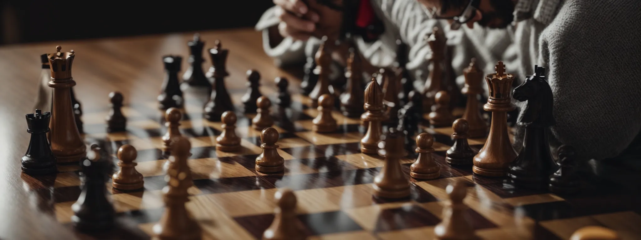 Close-up of a chessboard with black and wooden chess pieces, showing two people’s hands making moves during a game.